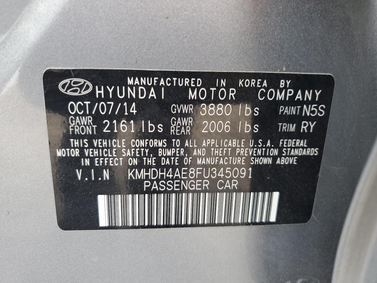 2015 Hyundai Elantra Se VIN: KMHDH4AE8FU345091 Lot: 81092514