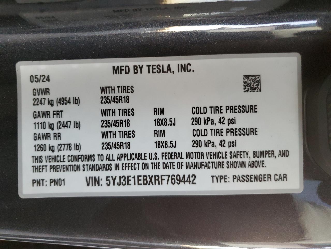 2024 Tesla Model 3 VIN: 5YJ3E1EBXRF769442 Lot: 80015974