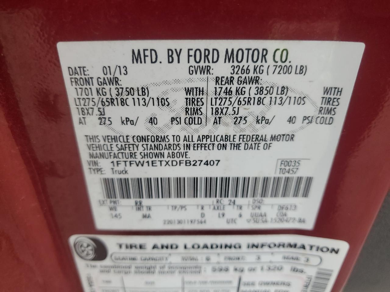 VIN 1FTFW1ETXDFB27407 2013 FORD F-150 no.12