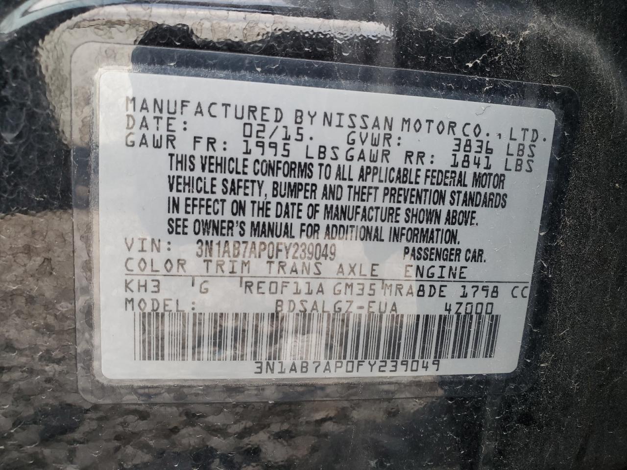 2015 Nissan Sentra S VIN: 3N1AB7AP0FY239049 Lot: 79191994