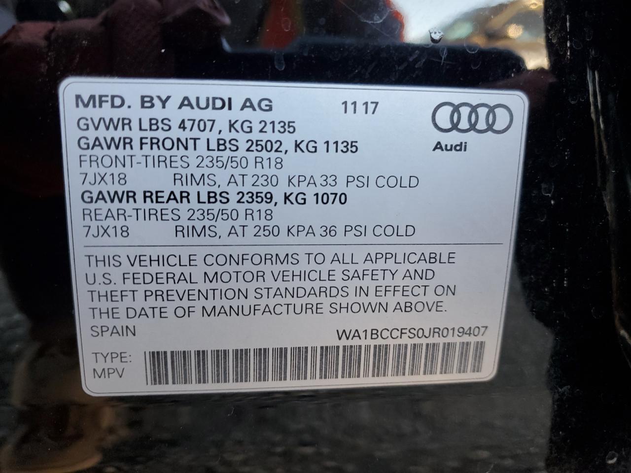 VIN WA1BCCFS0JR019407 2018 AUDI Q3 no.14