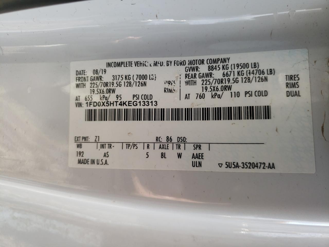 VIN 1FD0X5HT4KEG13313 2019 FORD F550 no.12