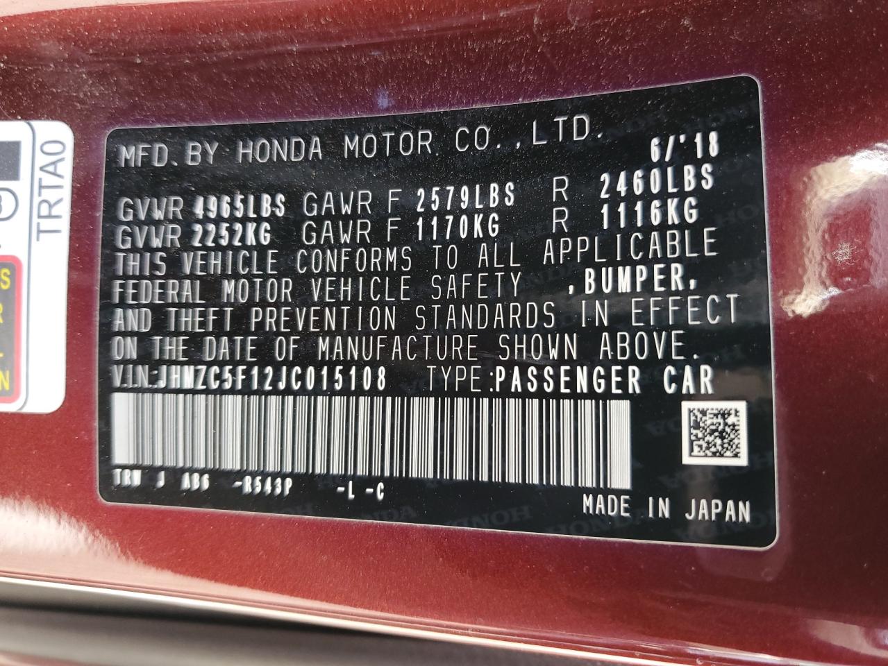 2018 Honda Clarity VIN: JHMZC5F12JC015108 Lot: 80735454