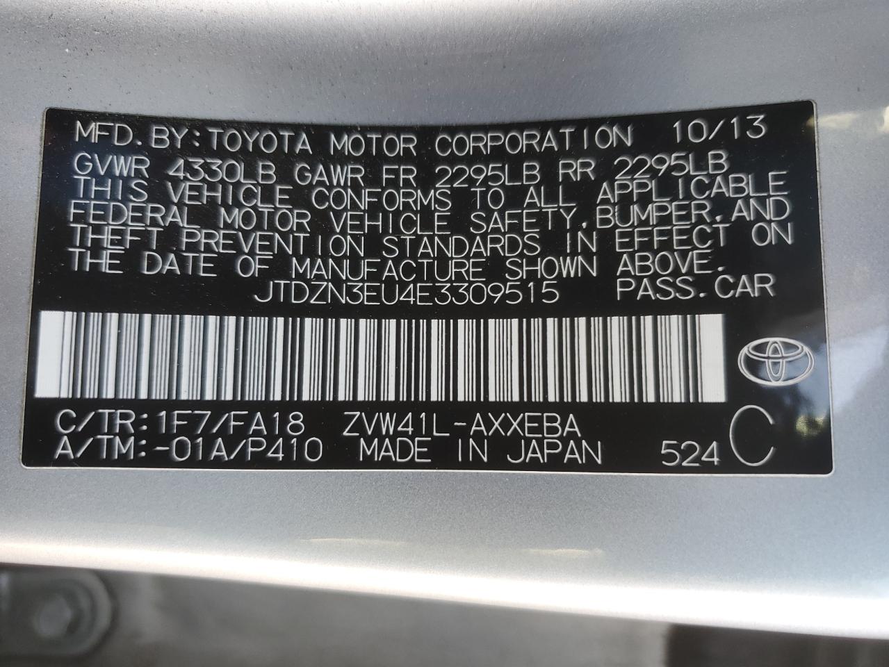 VIN JTDZN3EU4E3309515 2014 TOYOTA PRIUS no.13