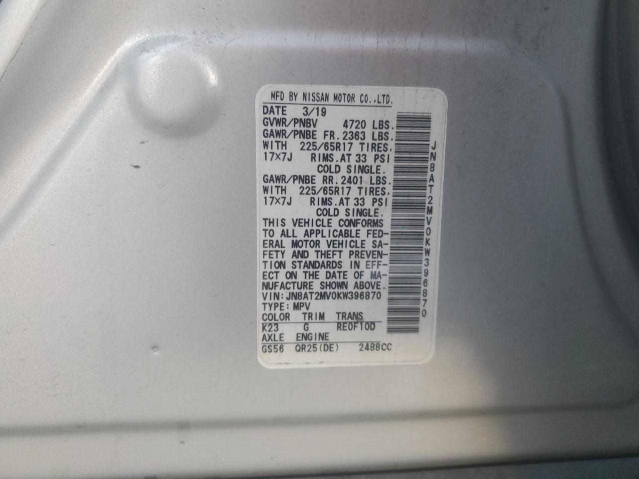 VIN JN8AT2MV0KW396870 2019 NISSAN ROGUE no.14