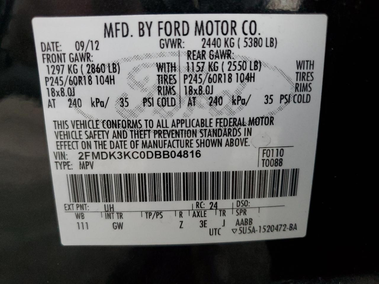 2013 Ford Edge Limited VIN: 2FMDK3KC0DBB04816 Lot: 81076924