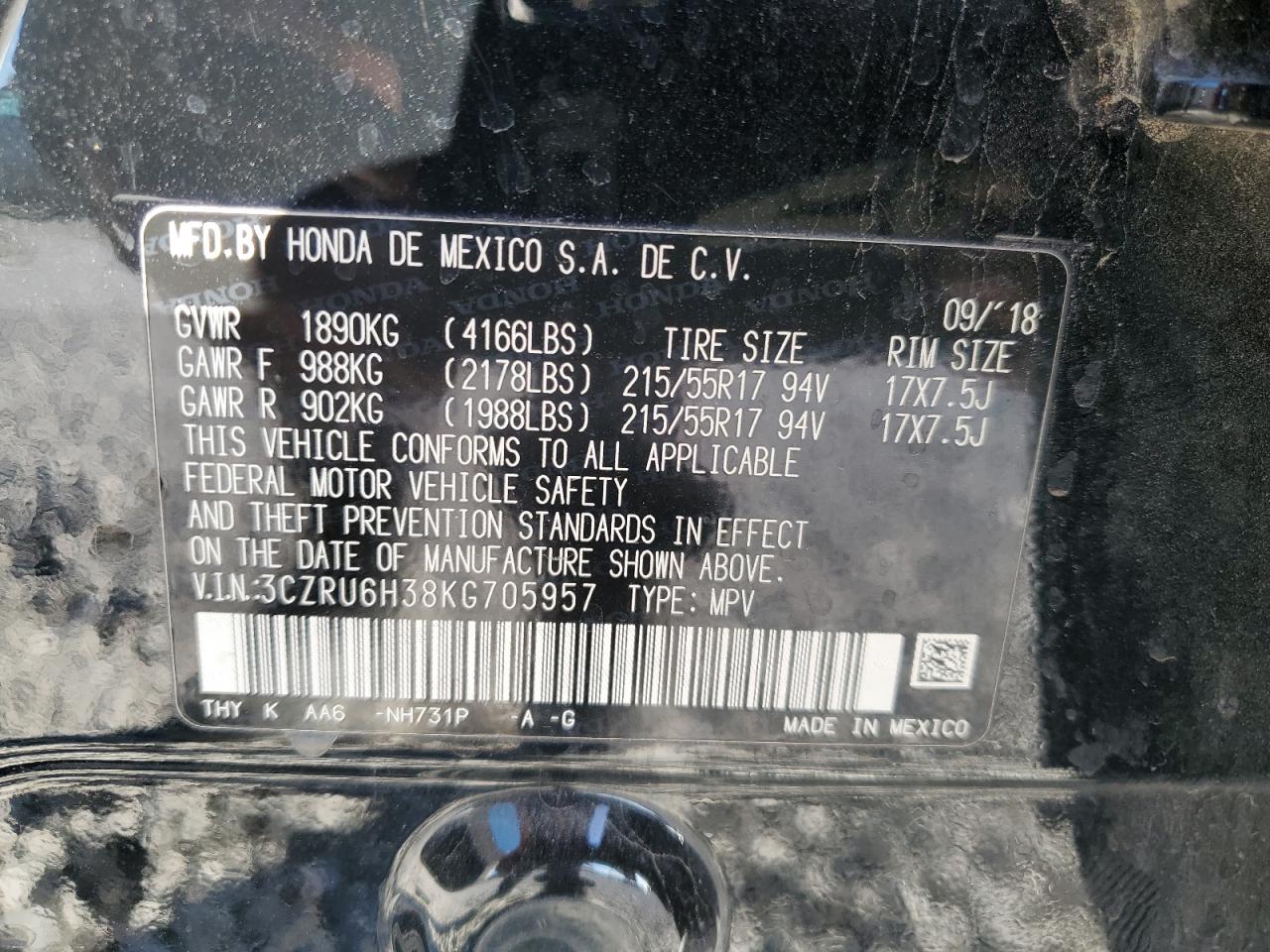 VIN 3CZRU6H38KG705957 2019 HONDA HR-V no.12