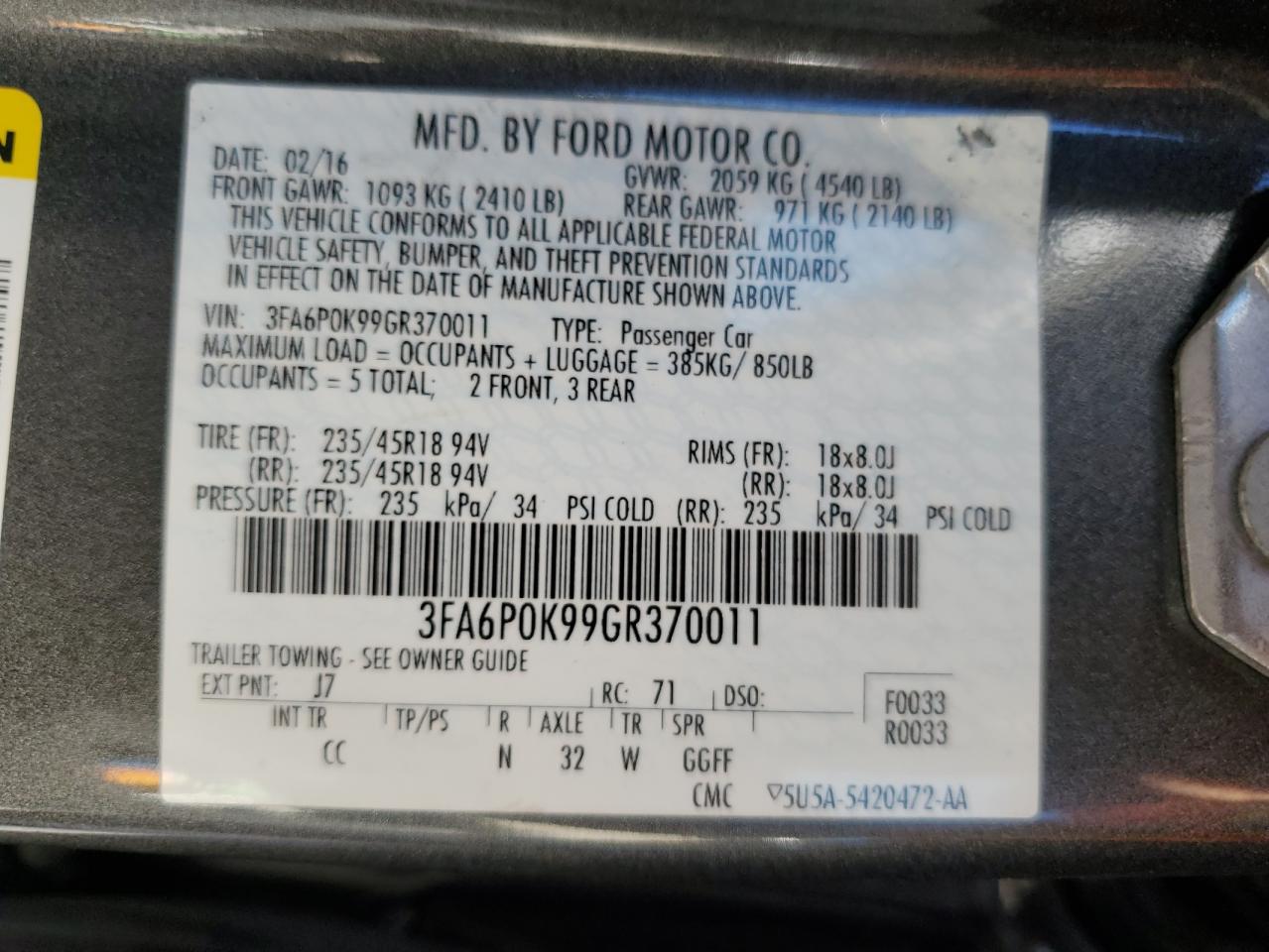 VIN 3FA6P0K99GR370011 2016 FORD FUSION no.12