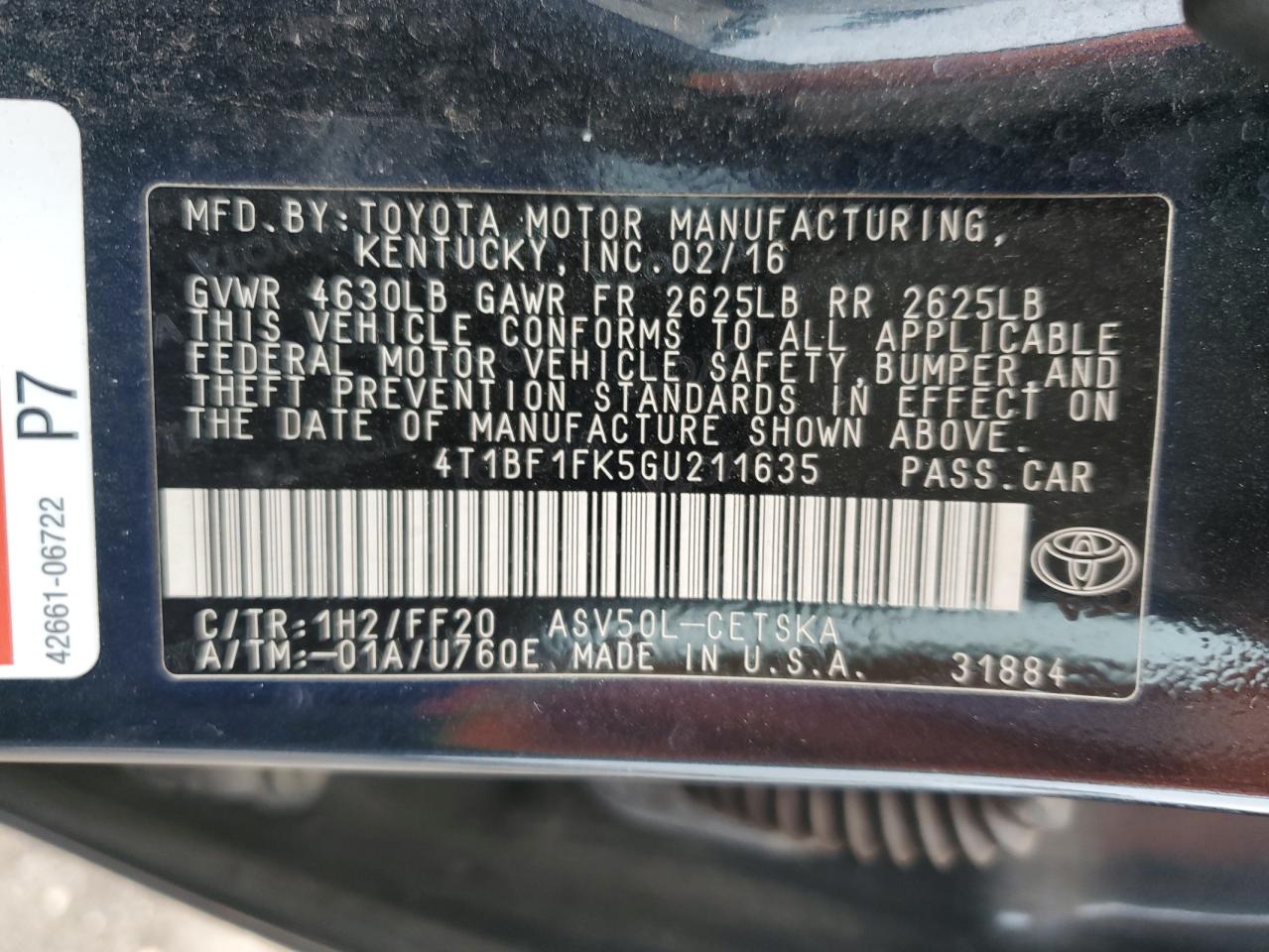 VIN 4T1BF1FK5GU211635 2016 TOYOTA CAMRY no.12