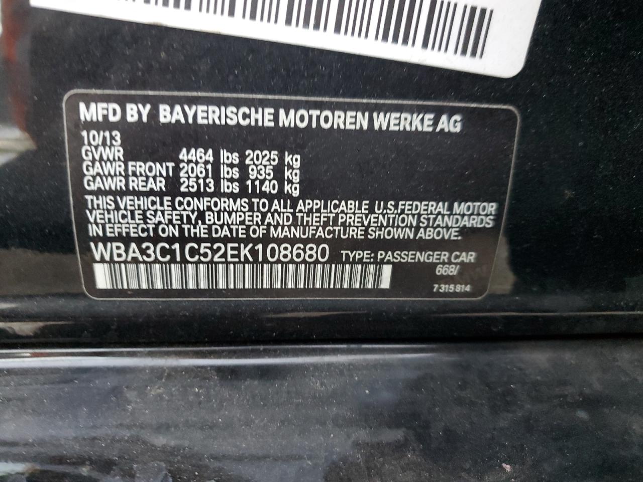 2014 BMW 328I VIN: WBA3C1C52EK108680 Lot: 42153830