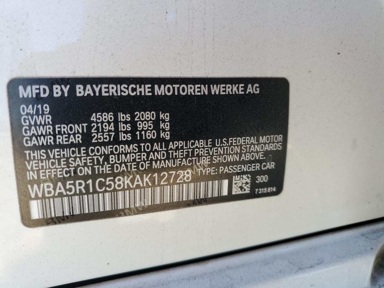 2019 BMW 330I VIN: WBA5R1C58KAK12728 Lot: 81061614