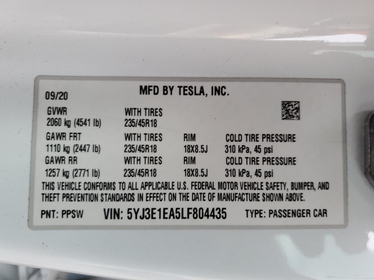 VIN 5YJ3E1EA5LF804435 2020 TESLA MODEL 3 no.12