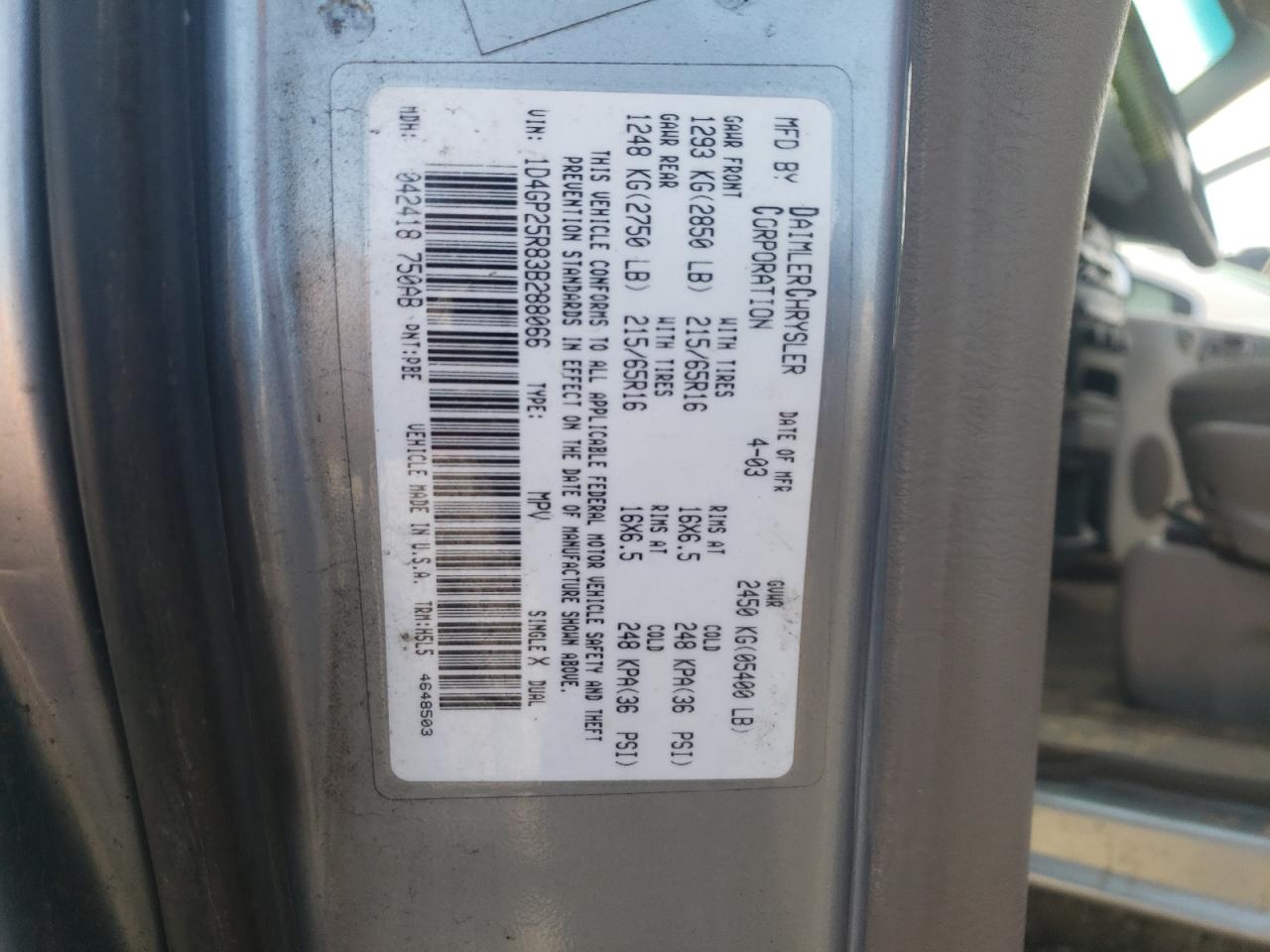 2003 Dodge Caravan Se VIN: 1D4GP25R83B288066 Lot: 81239324