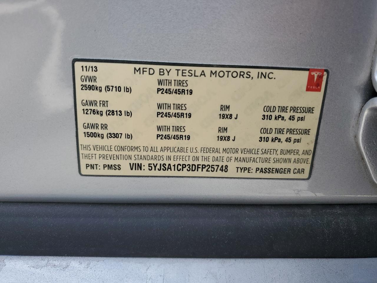 2013 Tesla Model S VIN: 5YJSA1CP3DFP25748 Lot: 78360744