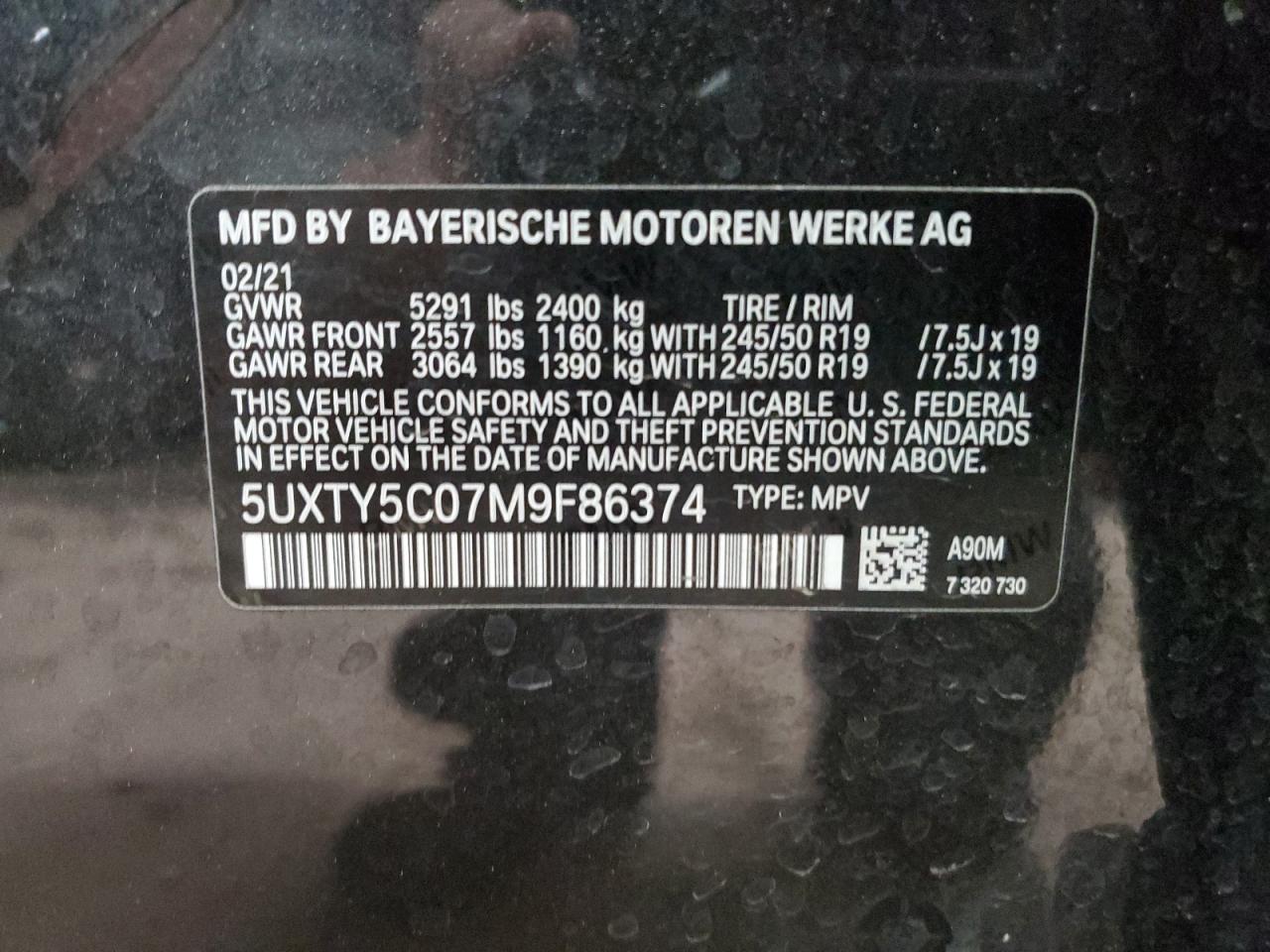 2021 BMW X3 xDrive30I VIN: 5UXTY5C07M9F86374 Lot: 81708404