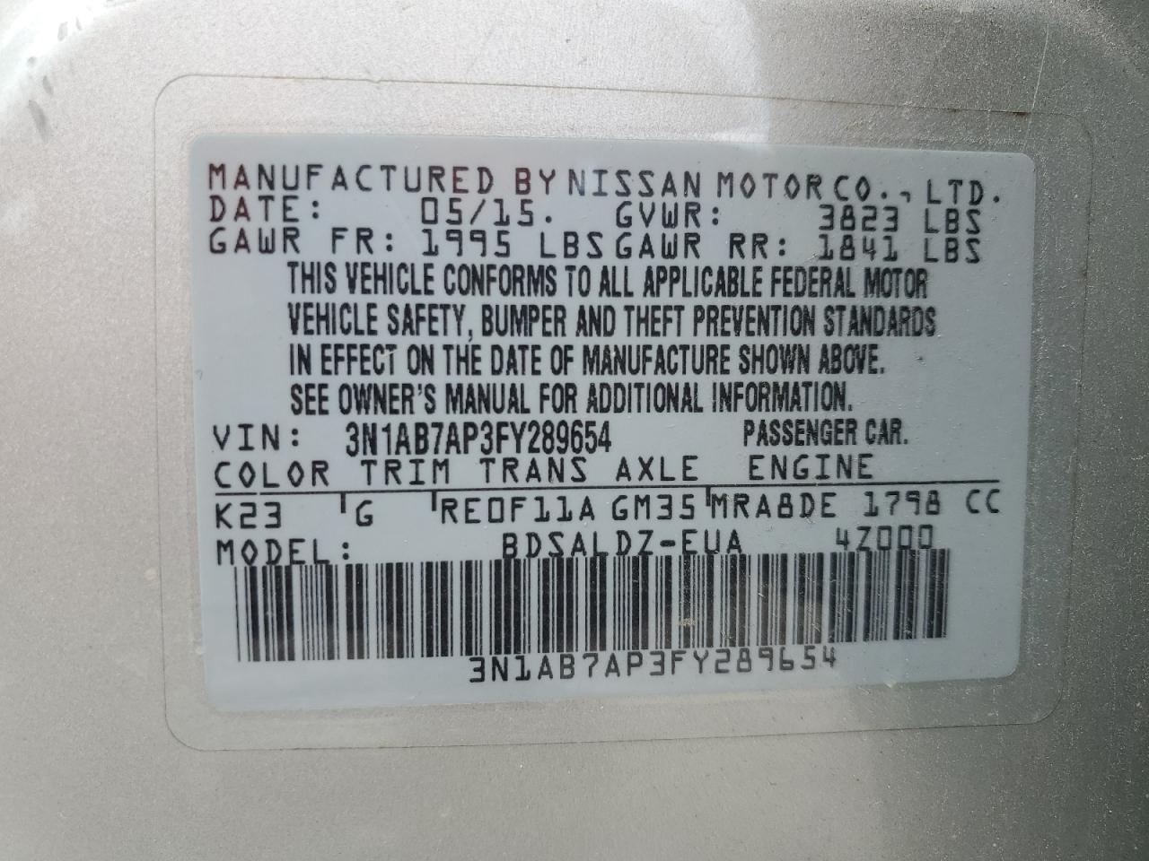 VIN 3N1AB7AP3FY289654 2015 NISSAN SENTRA no.12