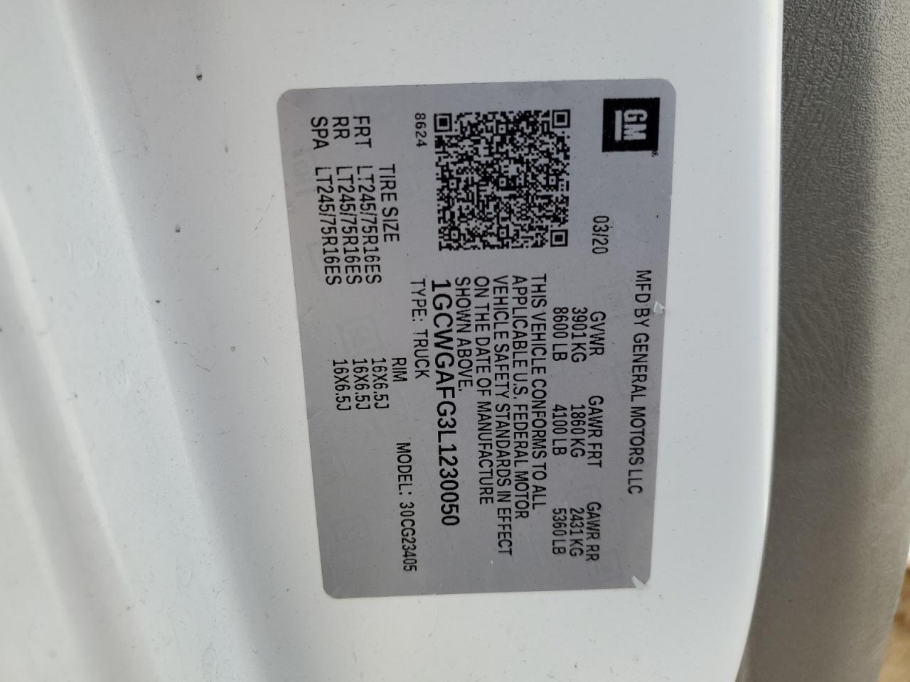 2020 Chevrolet Express G2500 VIN: 1GCWGAFG3L1230050 Lot: 80879594