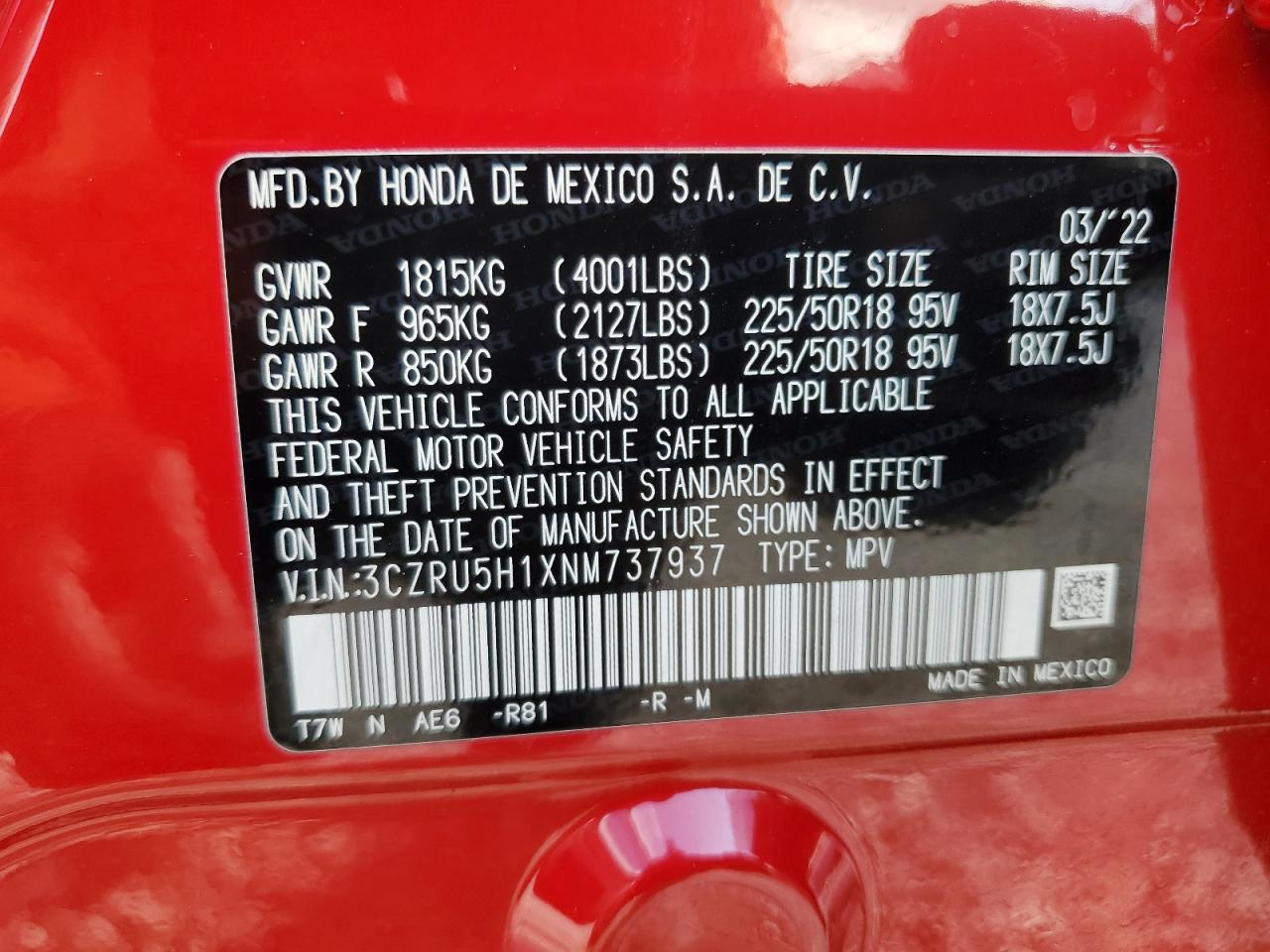 2022 Honda Hr-V Sport VIN: 3CZRU5H1XNM737937 Lot: 82103394