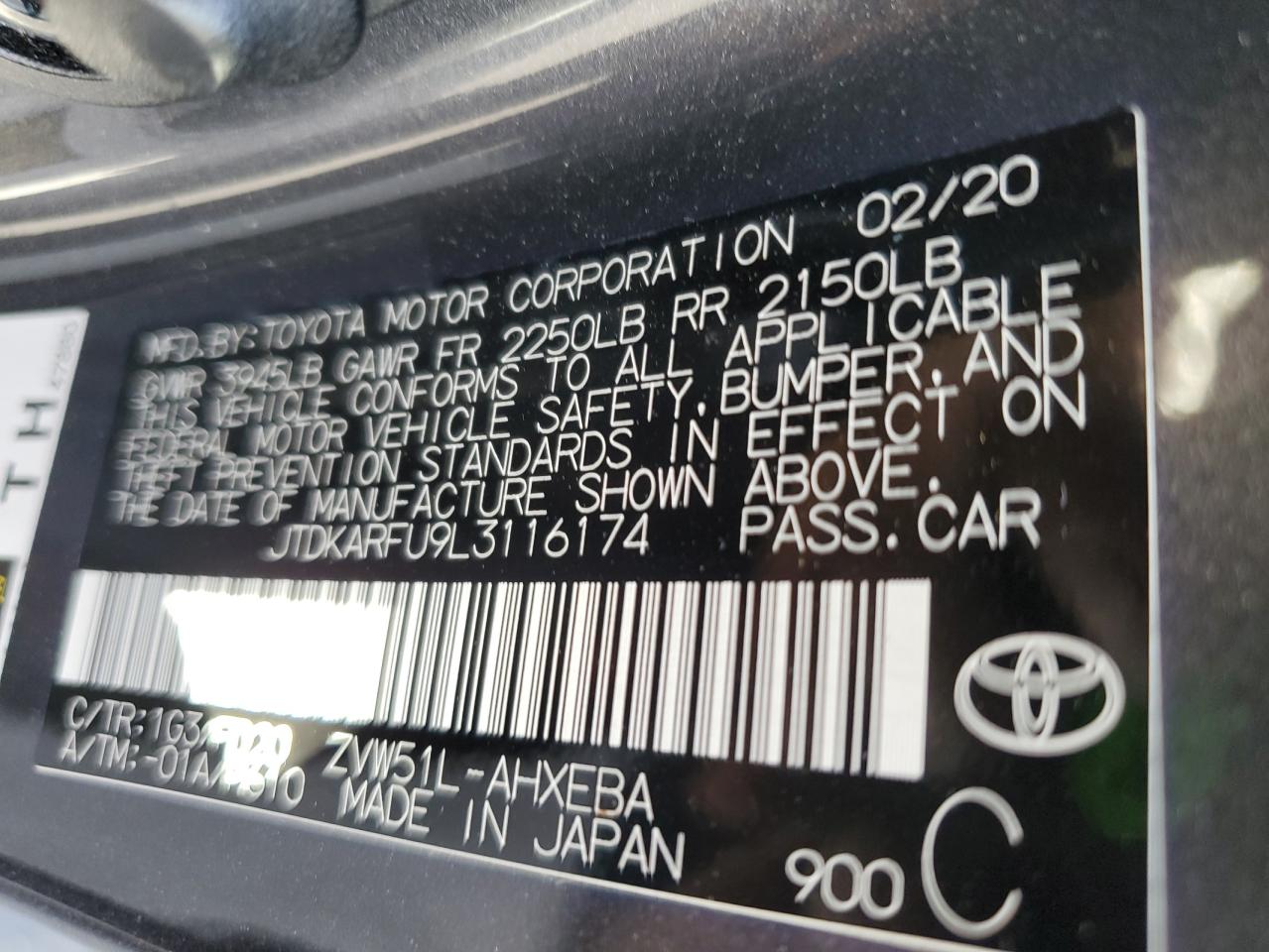 2020 Toyota Prius L VIN: JTDKARFU9L3116174 Lot: 76503624