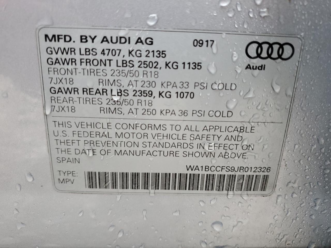 VIN WA1BCCFS9JR012326 2018 AUDI Q3 no.13