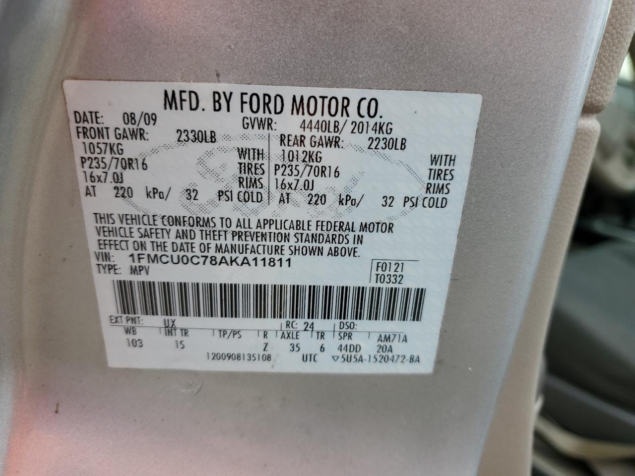 2010 Ford Escape Xls VIN: 1FMCU0C78AKA11811 Lot: 80165774