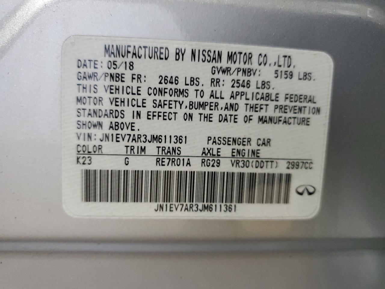 VIN JN1EV7AR3JM611361 2018 INFINITI Q50 no.12