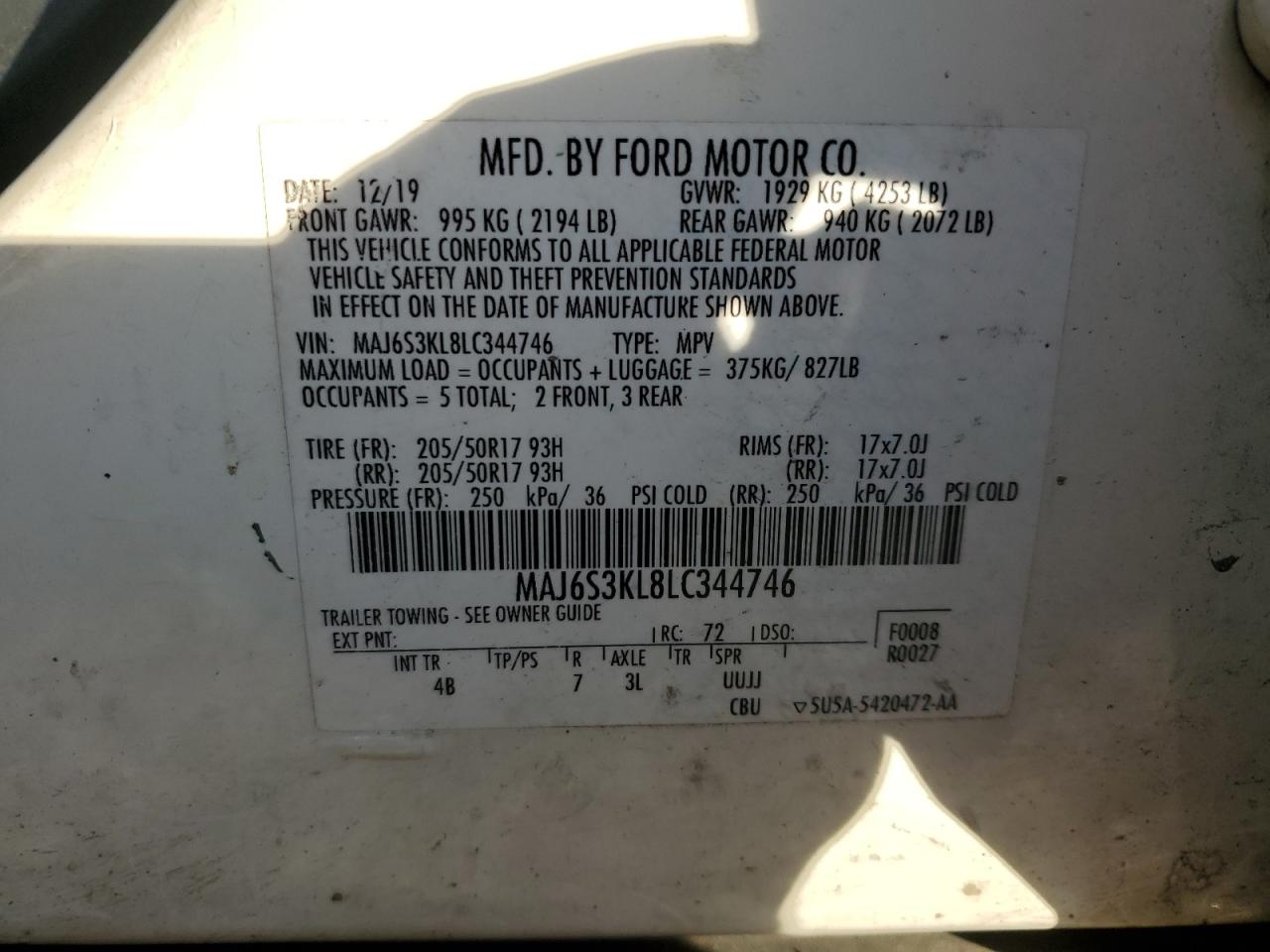 VIN MAJ6S3KL8LC344746 2020 FORD ECOSPORT no.14