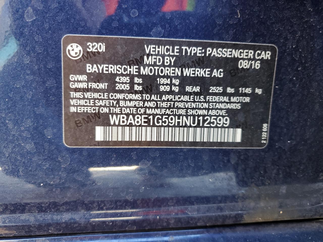 2017 BMW 320 I VIN: WBA8E1G59HNU12599 Lot: 81118564