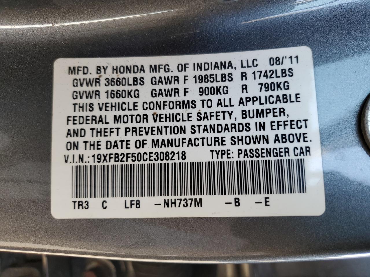 2012 Honda Civic Lx VIN: 19XFB2F50CE308218 Lot: 81543264