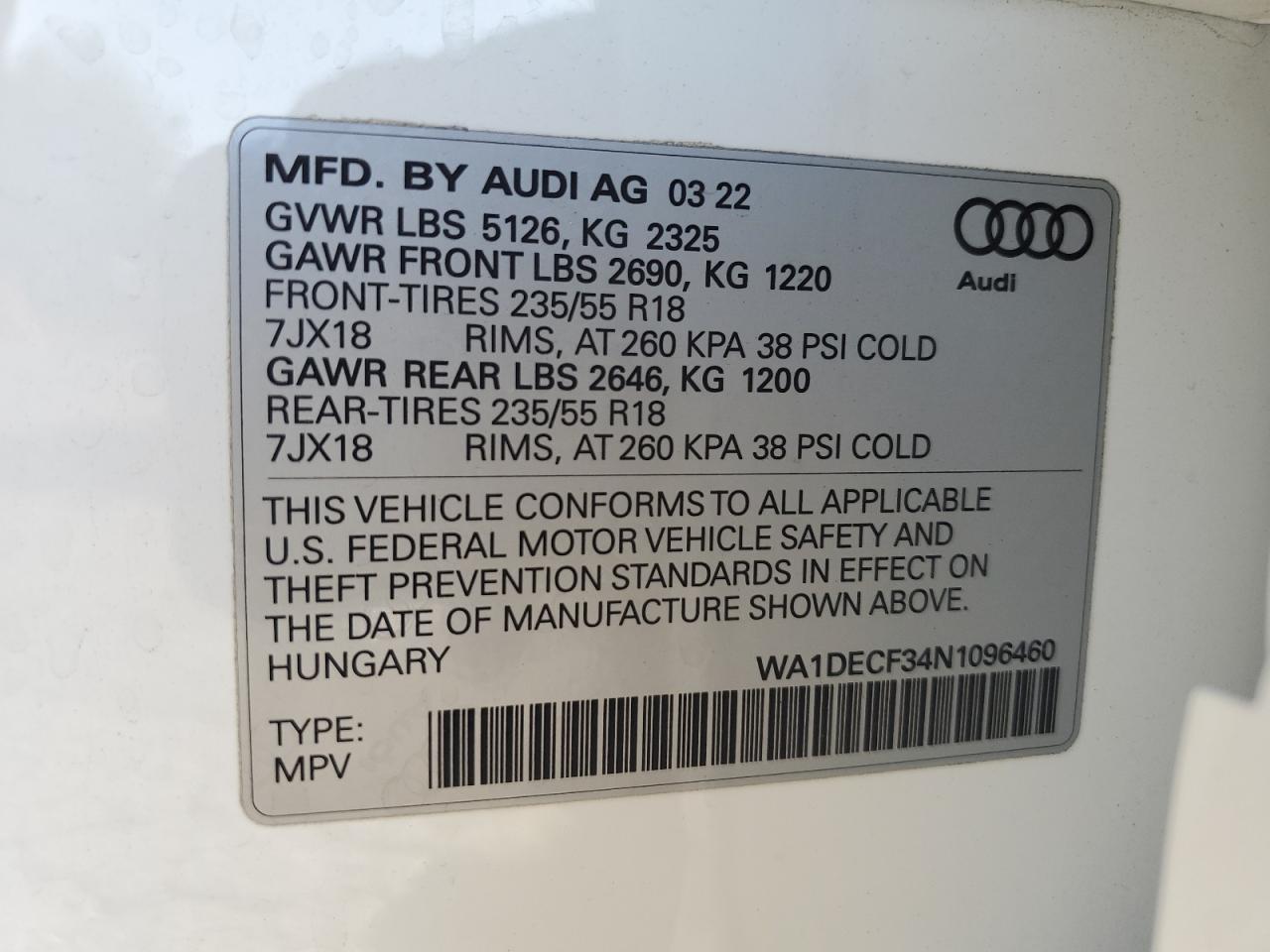 2022 Audi Q3 Premium S Line 45 VIN: WA1DECF34N1096460 Lot: 80104254