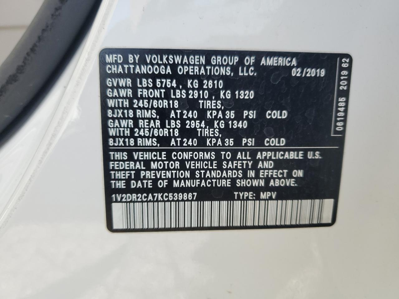 2019 Volkswagen Atlas Se VIN: 1V2DR2CA7KC539867 Lot: 81175244