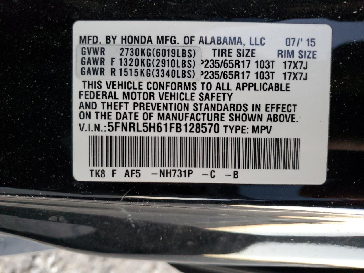 2015 Honda Odyssey Exl VIN: 5FNRL5H61FB128570 Lot: 80153034