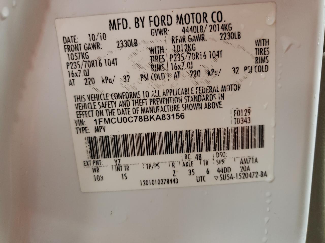 2011 Ford Escape Xls VIN: 1FMCU0C78BKA83156 Lot: 81606984