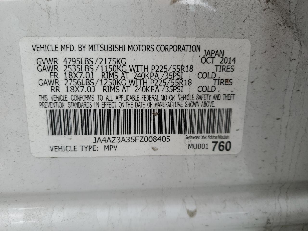 VIN JA4AZ3A35FZ008405 2015 MITSUBISHI OUTLANDER no.12