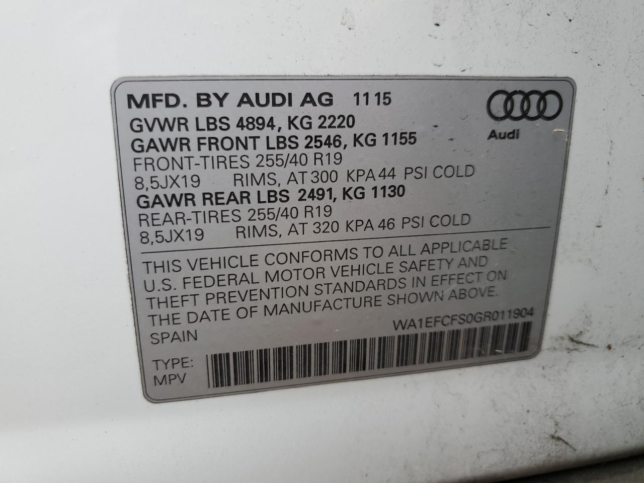 VIN WA1EFCFS0GR011904 2016 AUDI Q3 no.14