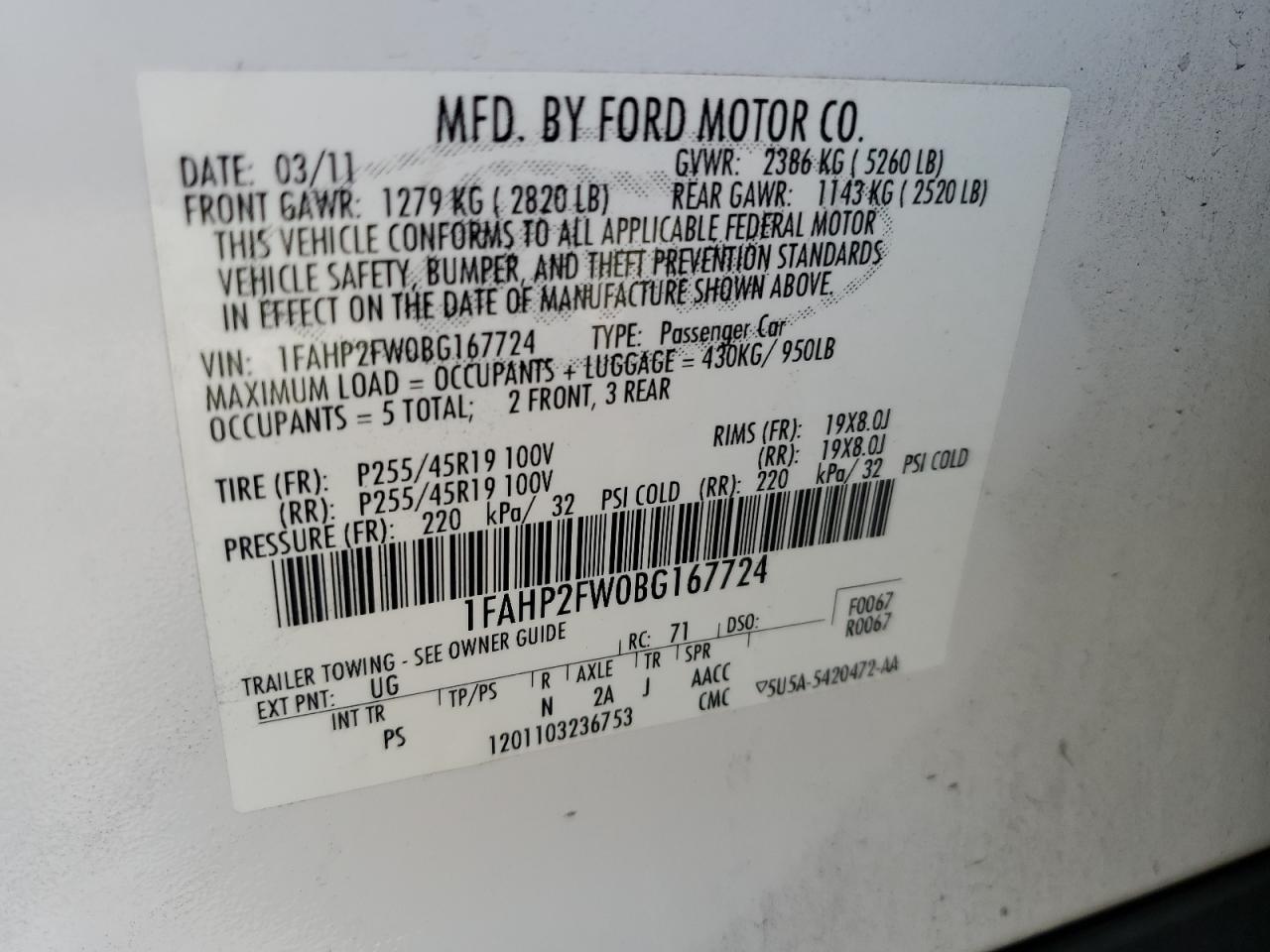 2011 Ford Taurus Limited VIN: 1FAHP2FW0BG167724 Lot: 78959074