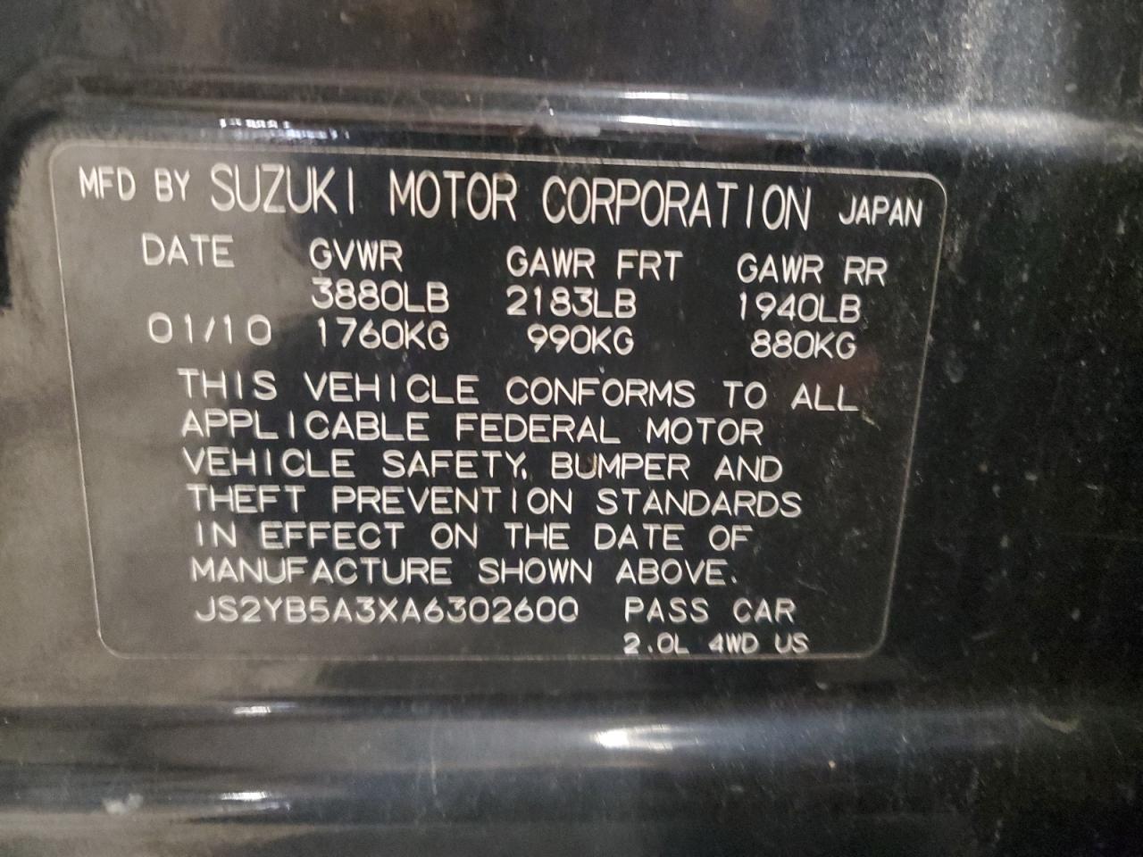 2010 Suzuki Sx4 VIN: JS2YB5A3XA6302600 Lot: 81420904