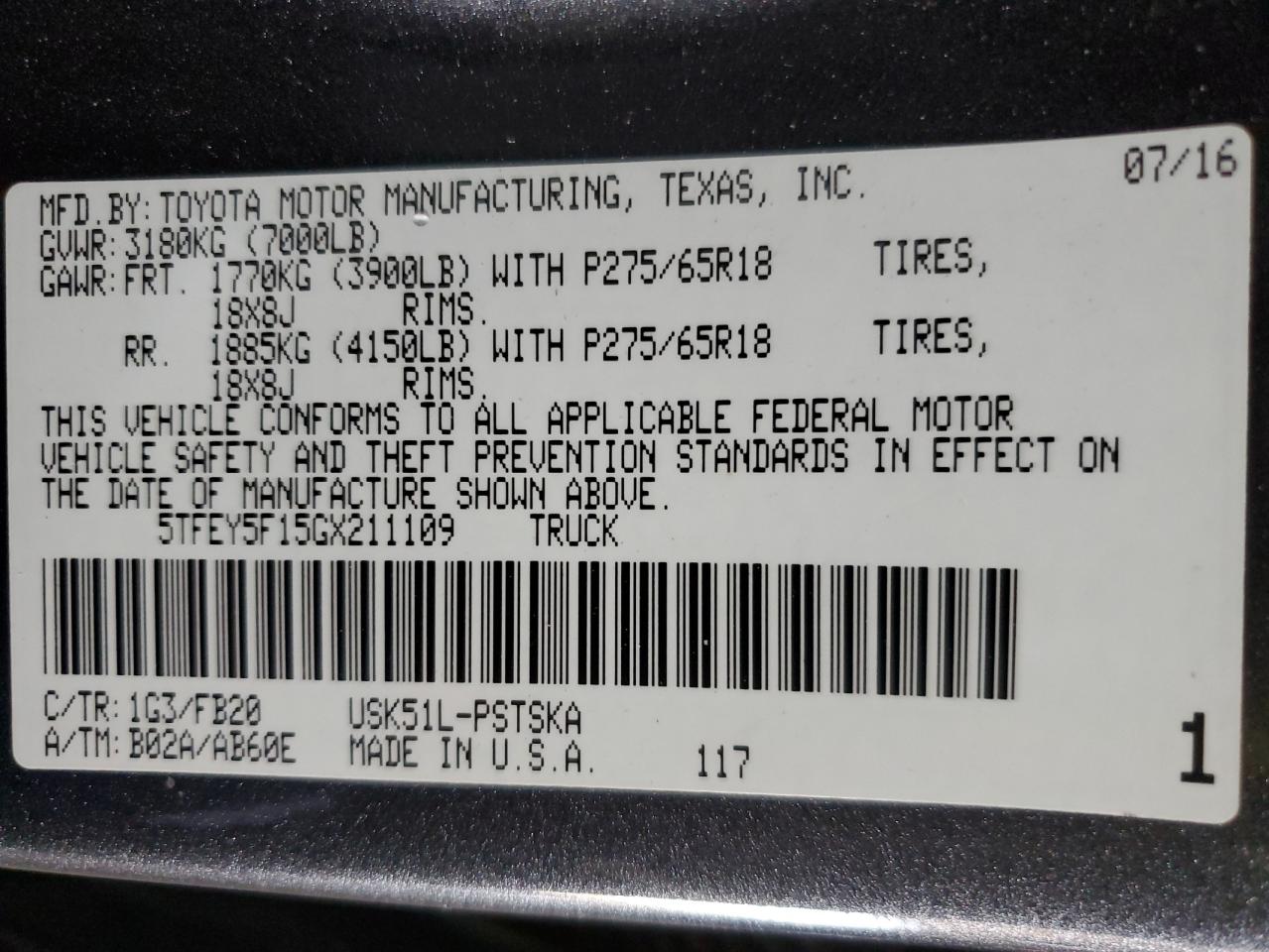 VIN 5TFEY5F15GX211109 2016 TOYOTA TUNDRA no.12