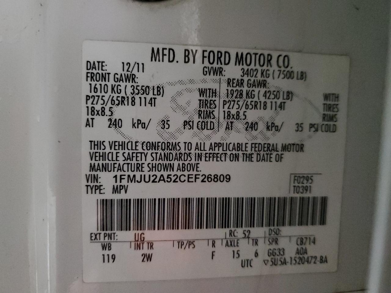 2012 Ford Expedition Limited VIN: 1FMJU2A52CEF26809 Lot: 81803734