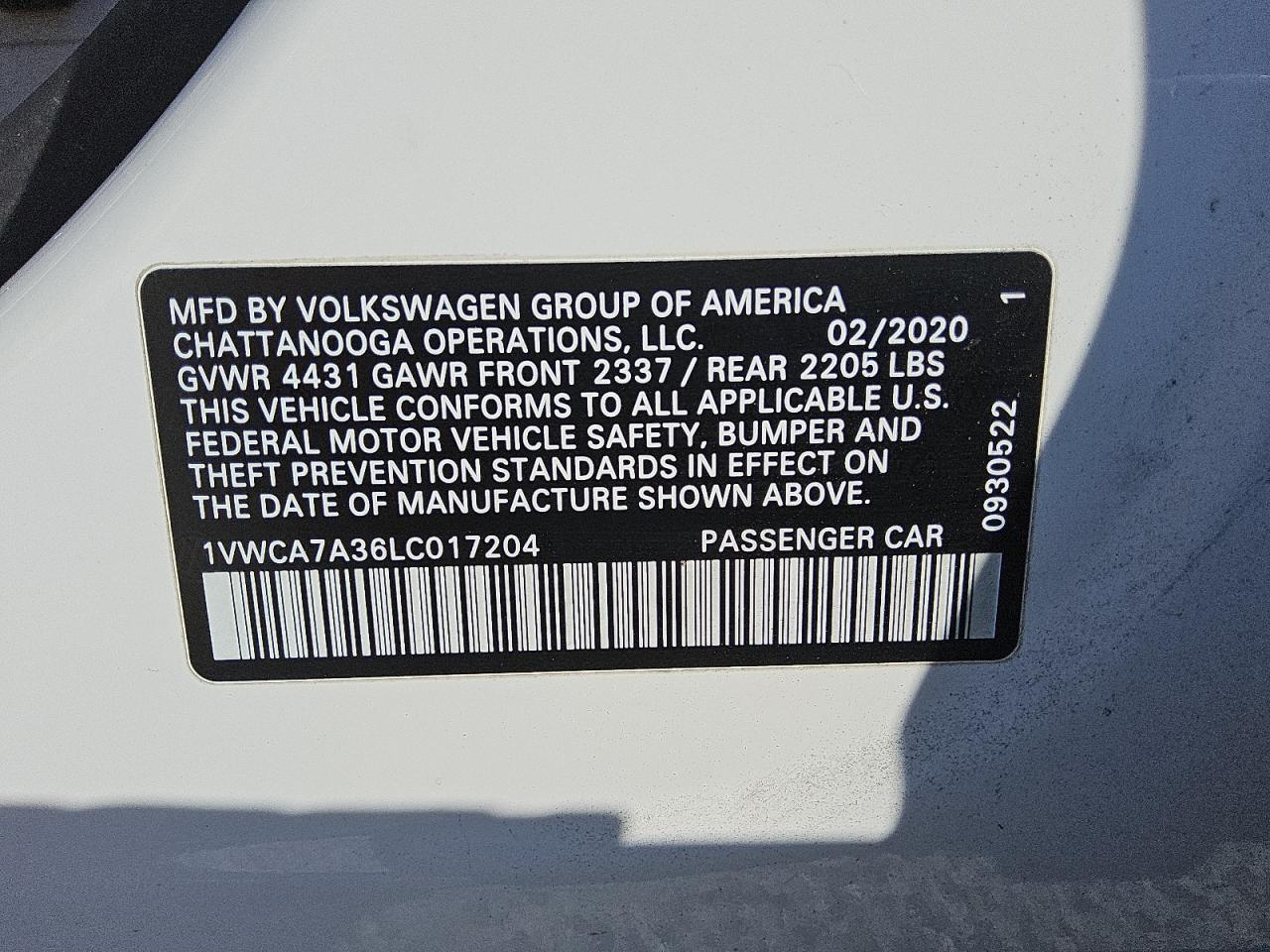 VIN 1VWCA7A36LC017204 2020 VOLKSWAGEN PASSAT no.12