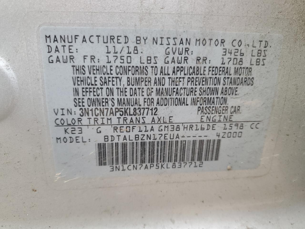 VIN 3N1CN7AP5KL837712 2019 NISSAN VERSA no.12