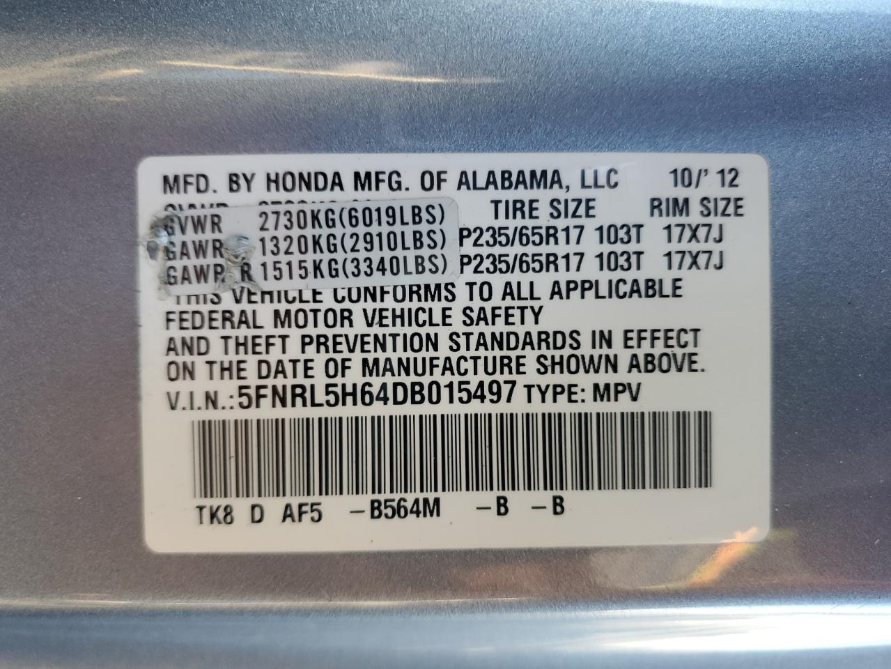 VIN 5FNRL5H64DB015497 2013 HONDA All Models no.12