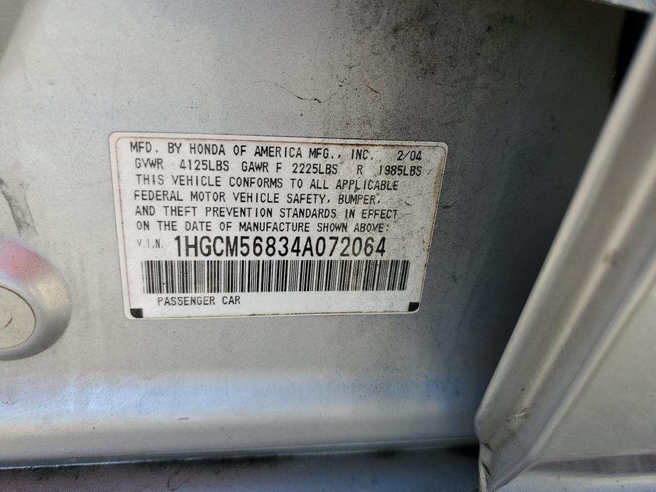 2004 Honda Accord Ex VIN: 1HGCM56834A072064 Lot: 89089795