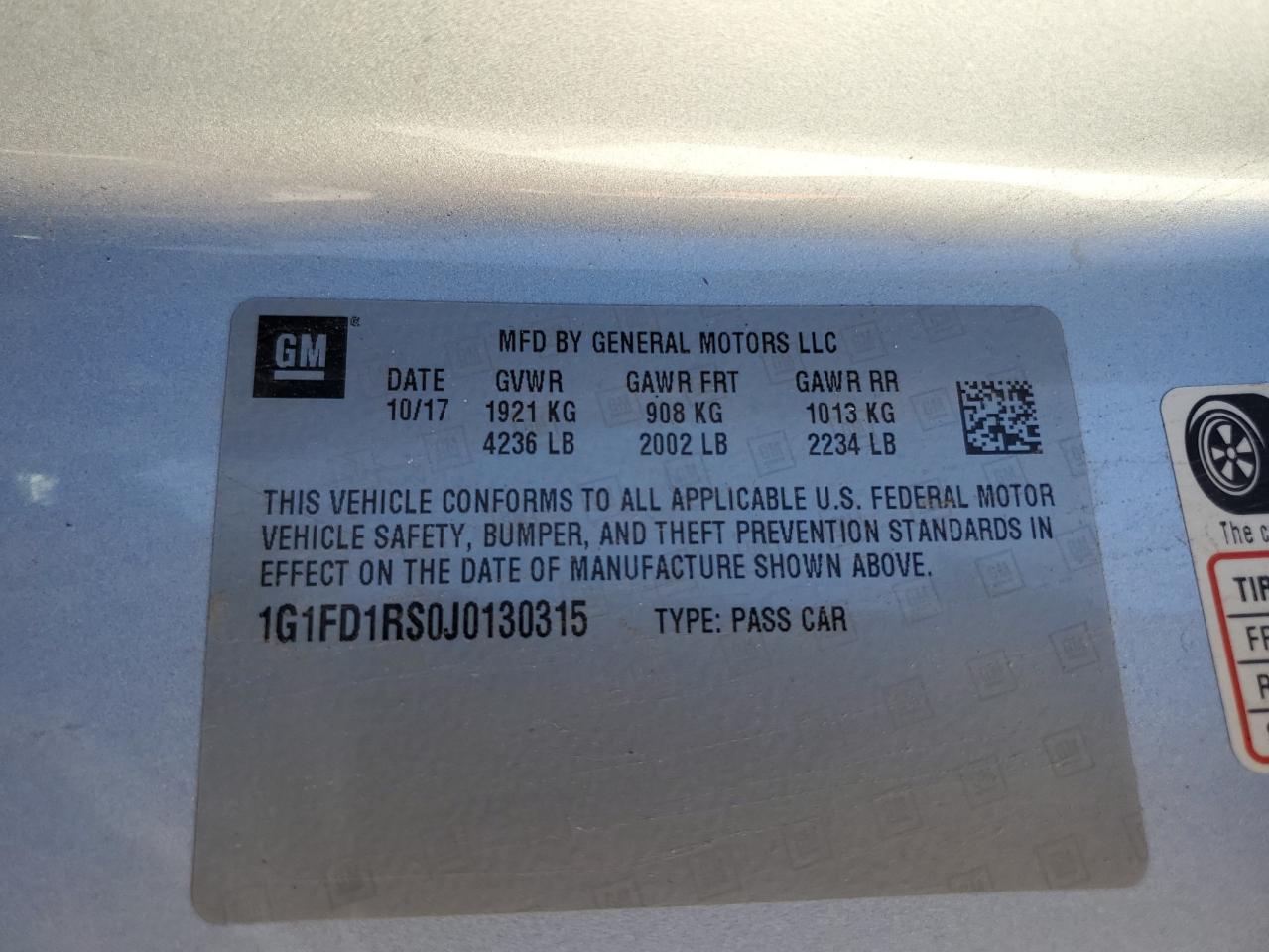 2018 Chevrolet Camaro Lt VIN: 1G1FD1RS0J0130315 Lot: 82207654