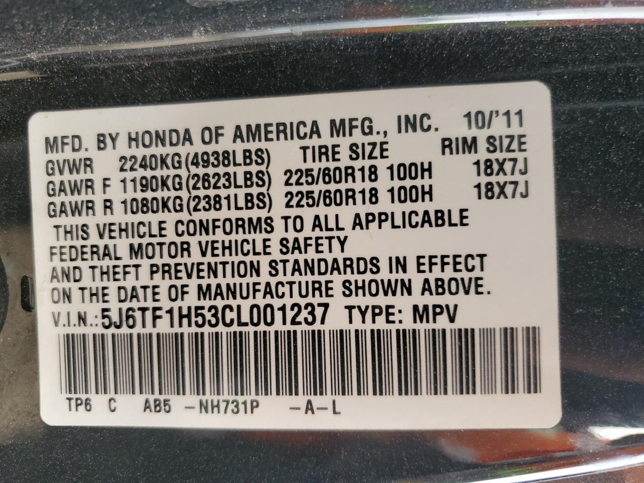 2012 Honda Crosstour Exl VIN: 5J6TF1H53CL001237 Lot: 79319404