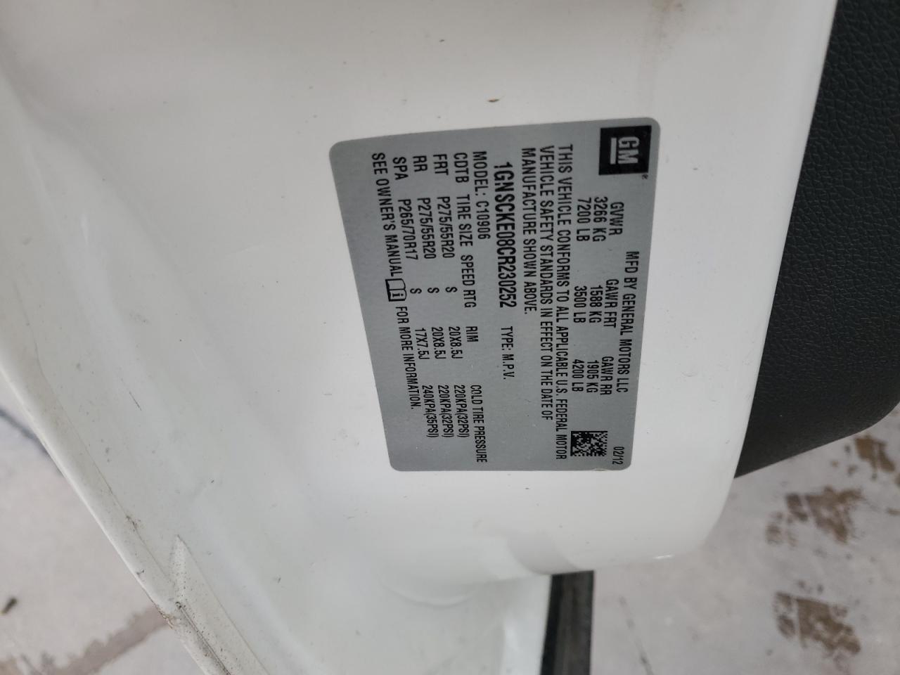 2012 Chevrolet Suburban C1500 Ltz VIN: 1GNSCKE08CR230252 Lot: 79017724