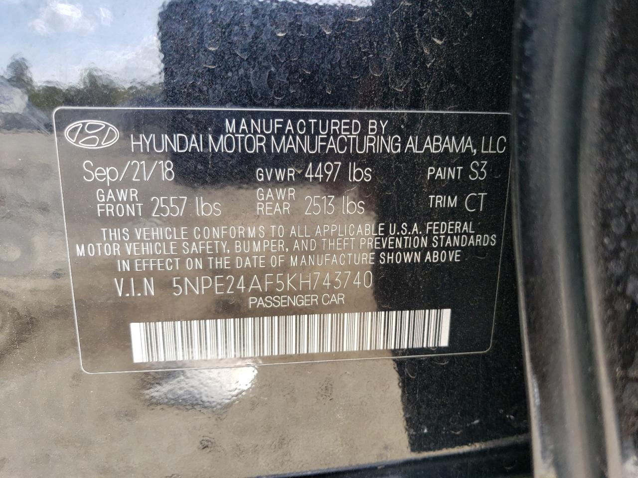 2019 Hyundai Sonata Se VIN: 5NPE24AF5KH743740 Lot: 79067224