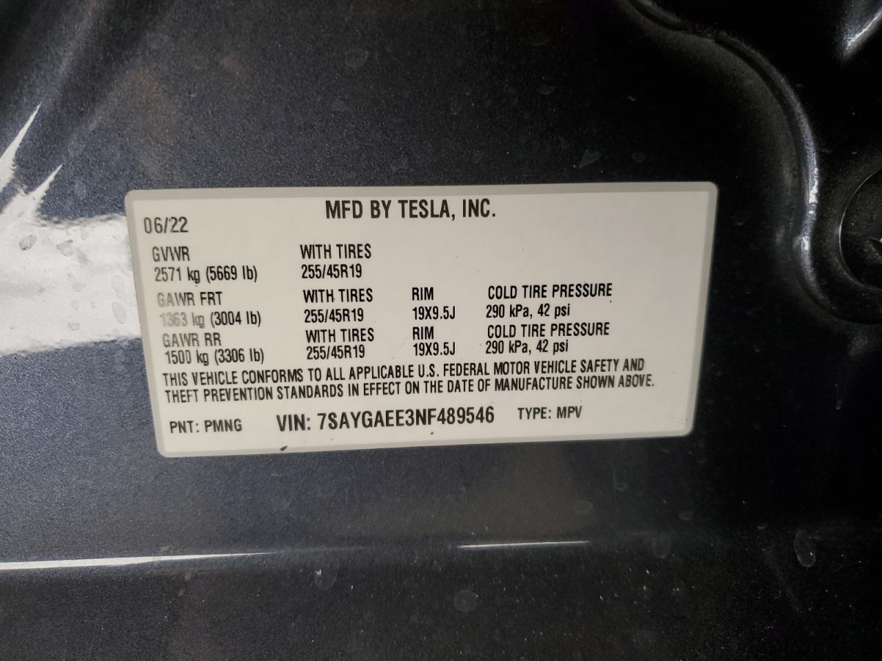 2022 Tesla Model Y VIN: 7SAYGAEE3NF489546 Lot: 79932234