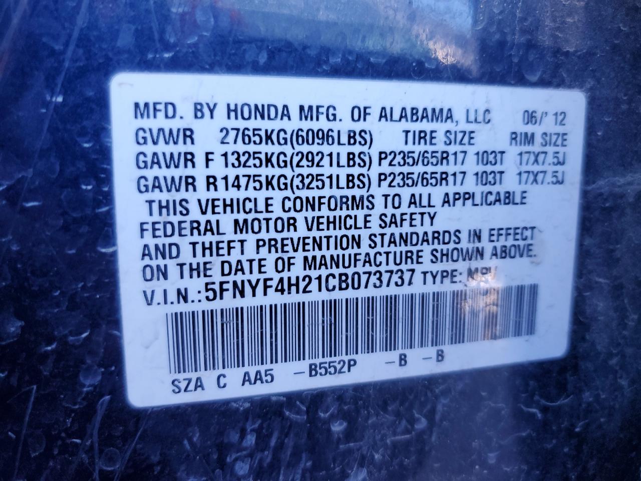 5FNYF4H21CB073737 2012 Honda Pilot Lx