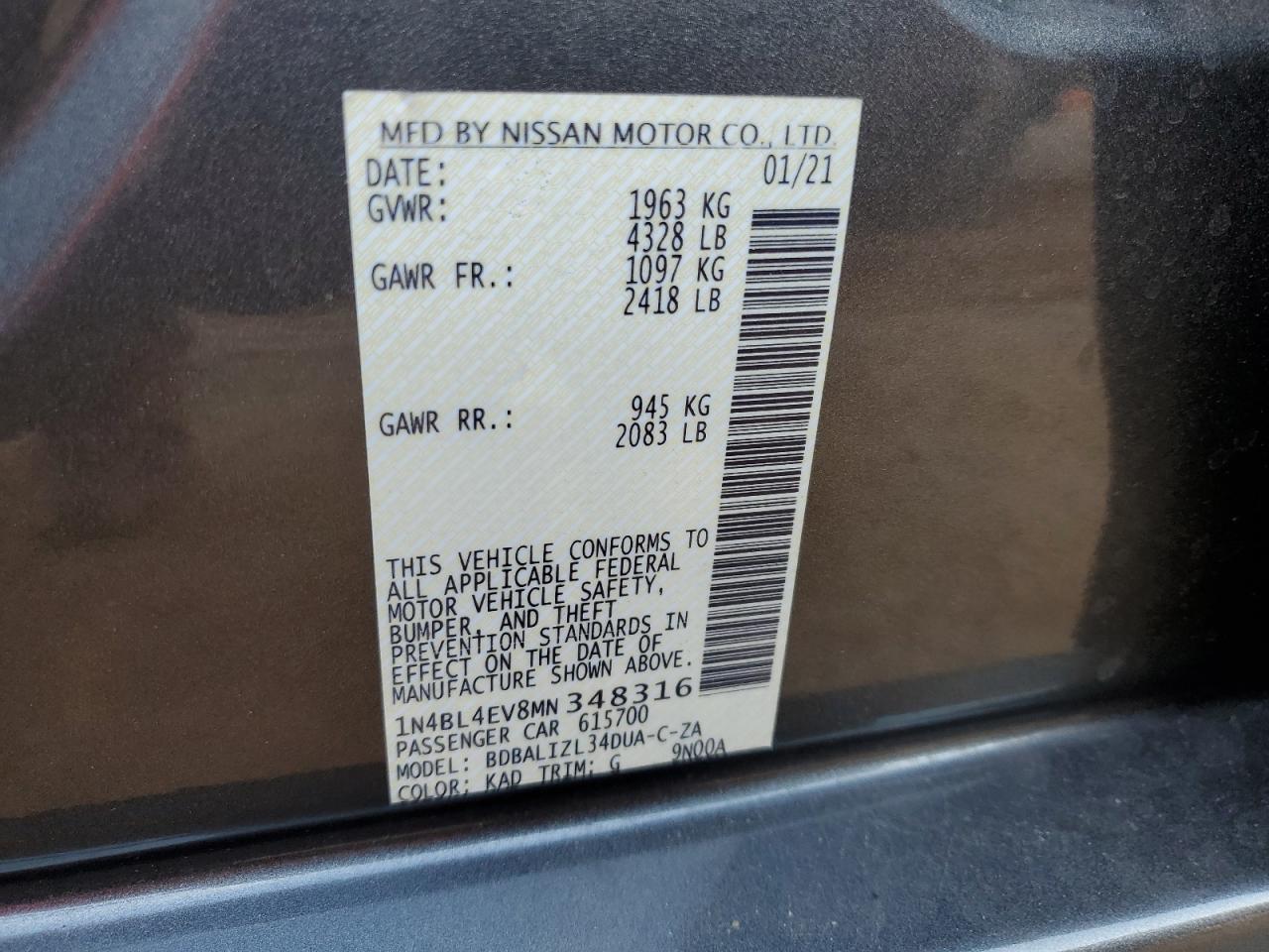 2021 Nissan Altima Sl VIN: 1N4BL4EV8MN348316 Lot: 79430274